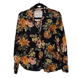 Cino | Floral Rose Button Down Shirt Black Orange Pink Women's Sz M